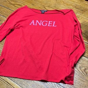 Victoria’s Secret red pajama top “ANGEL” in pink letters, size large.